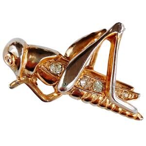 VTG Mid Century Grasshopper Figural Brooch Gold Tone Rhinestone Insect Pin